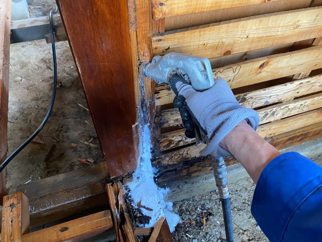 木材に薬剤を散布するシロアリ駆除作業